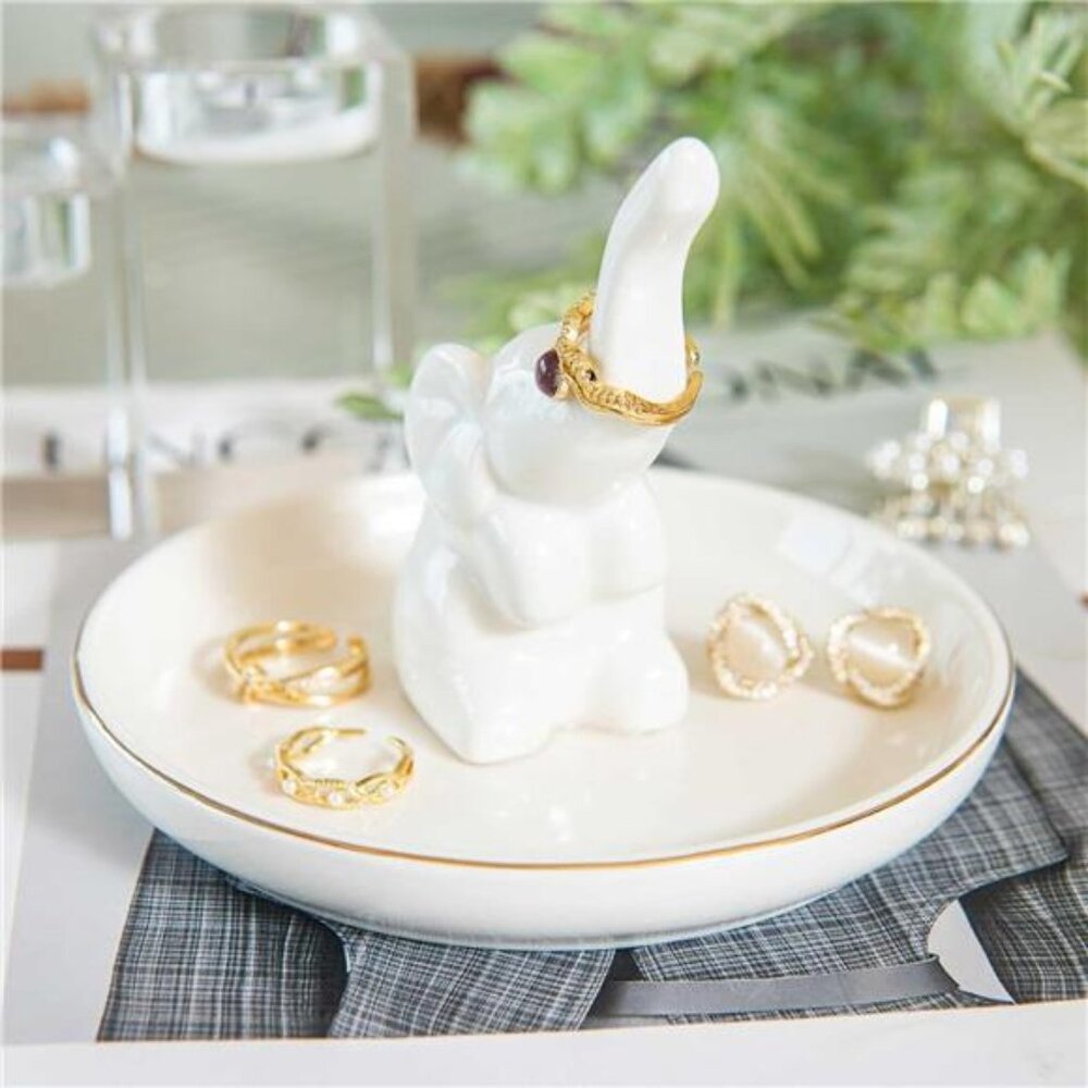 Elephant Ring Holder Dish, Ceramic Jewelry Tray Trinket Dish for Necklace Keys